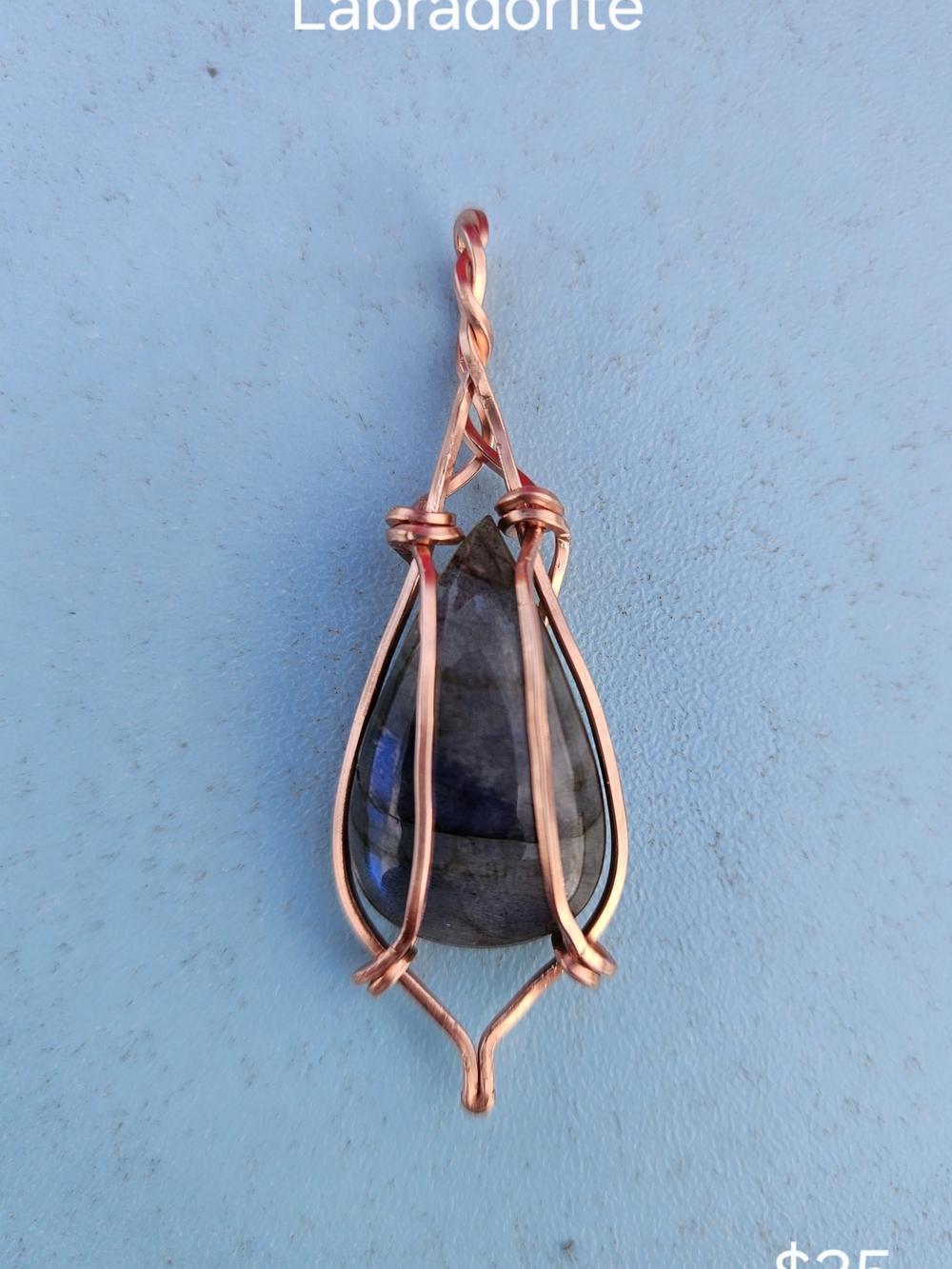 Hand Crafted Copper-Wrapped Labradorite Pendant in Blue-Gray